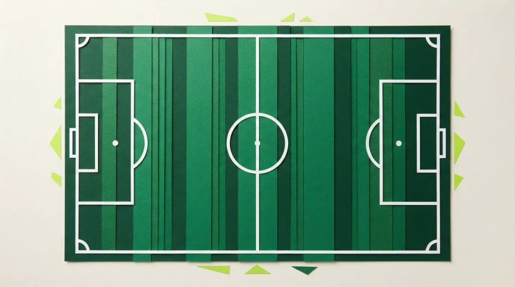 Weiße Linien und Mittelkreis eines Fußballfeldes aus der Vogelperspektive