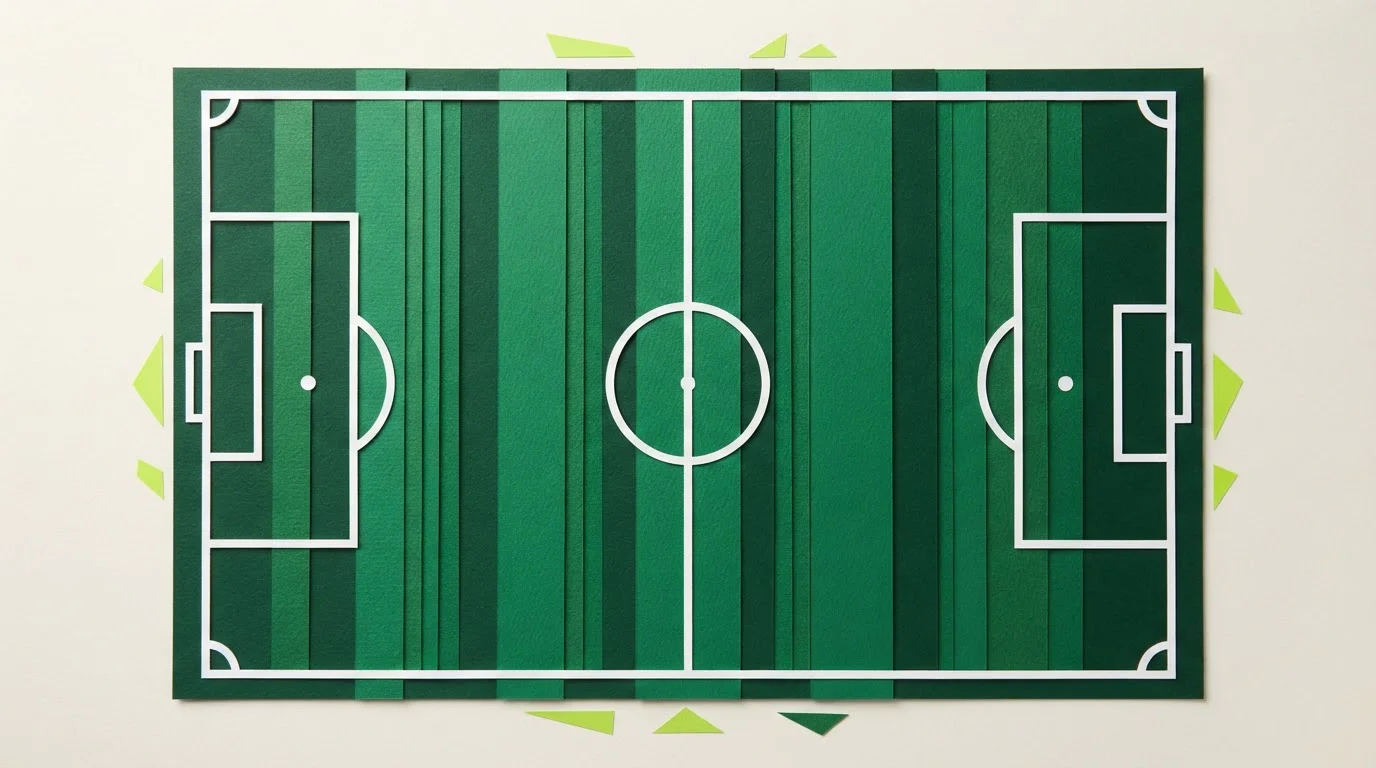 Weiße Linien und Mittelkreis eines Fußballfeldes aus der Vogelperspektive