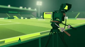 Fernsehkamera für eine Sportübertragung steht am Rand eines Fußballfeldes