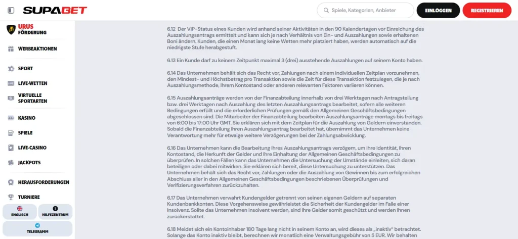 Ausschnitt aus den Supabet-Regeln zur Prüfung von Auszahlungsanträgen und Bearbeitungszeit