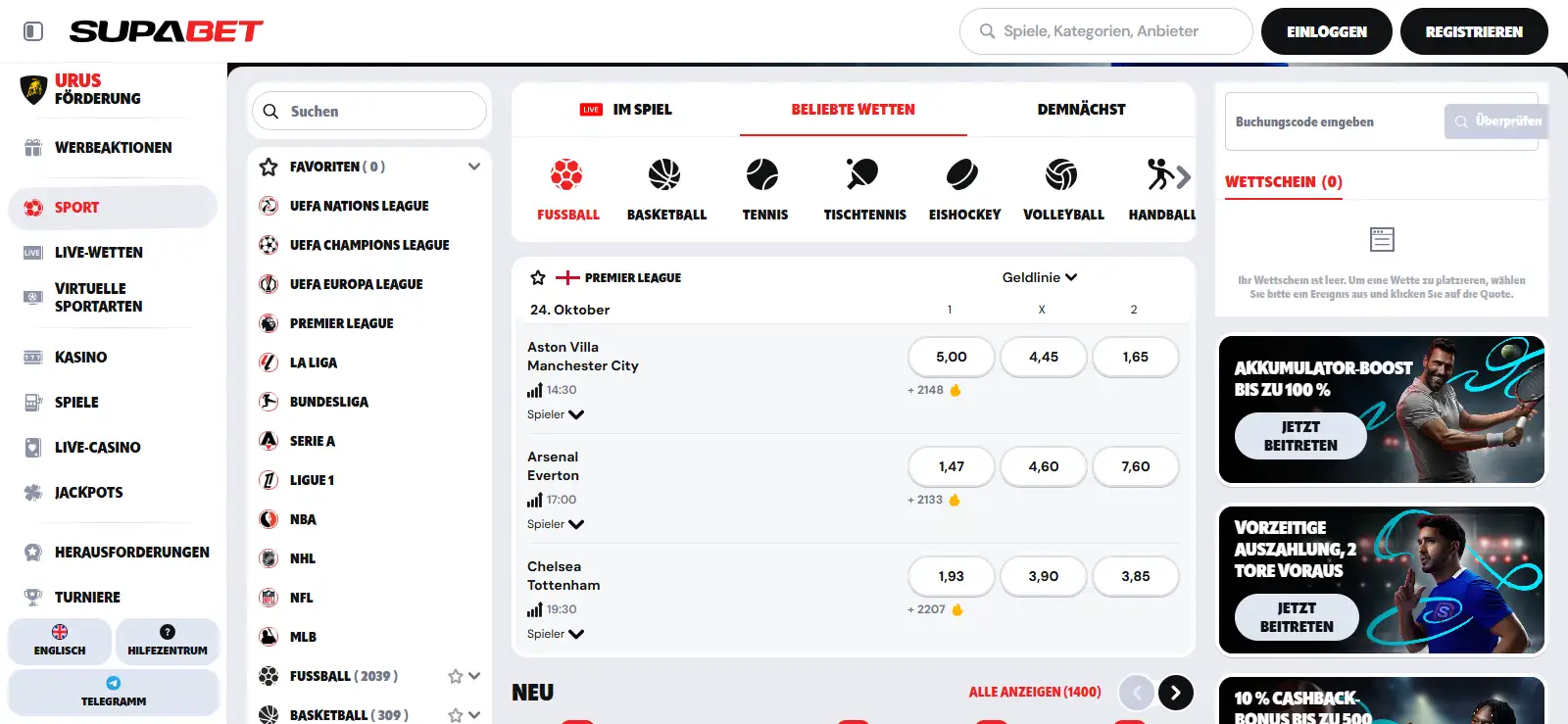 Sportnavigation von Supabet mit Fußball und weiteren Sportbereichen