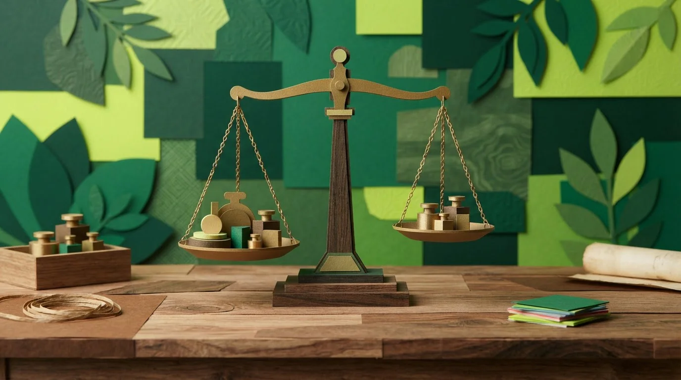 Mechanische Balkenwaage mit zwei Schalen und mehreren Messgewichten auf einem Tisch